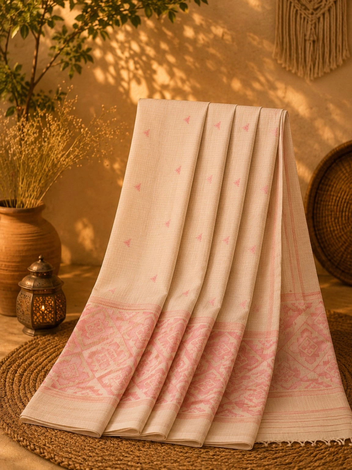 WEVOW Blush Pink Pure Cotton Hand Woven Jamdani Saree with Geometric Border