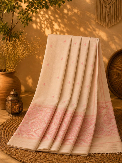 WEVOW Blush Pink Pure Cotton Hand Woven Jamdani Saree with Geometric Border