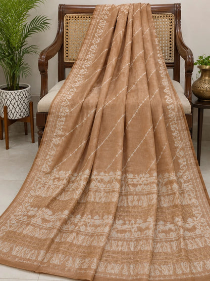 WEVOW Beige Silk Jamdani Saree with White Floral Border and Diagonal Woven Pattern