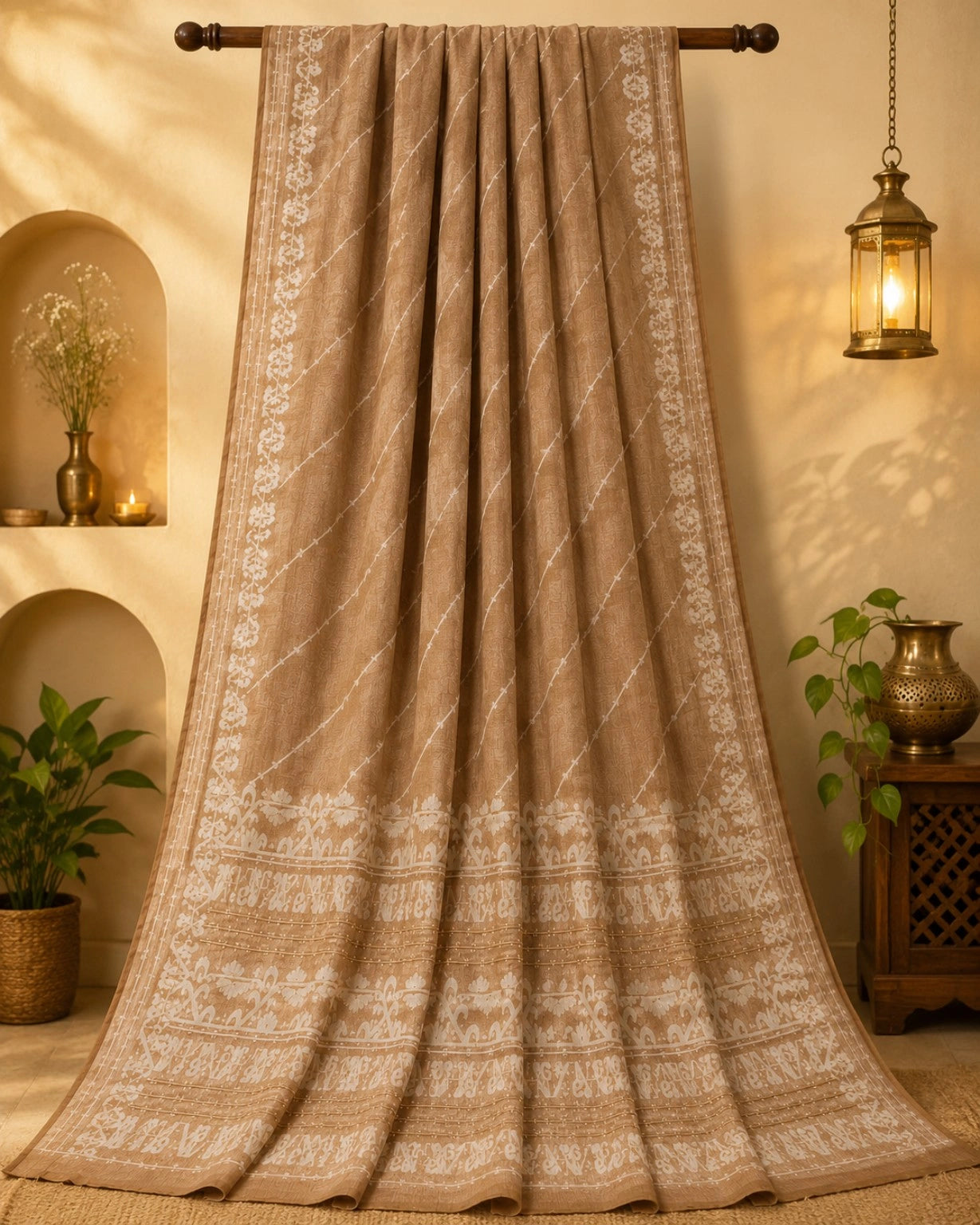 WEVOW Beige Silk Jamdani Saree with White Floral Border and Diagonal Woven Pattern
