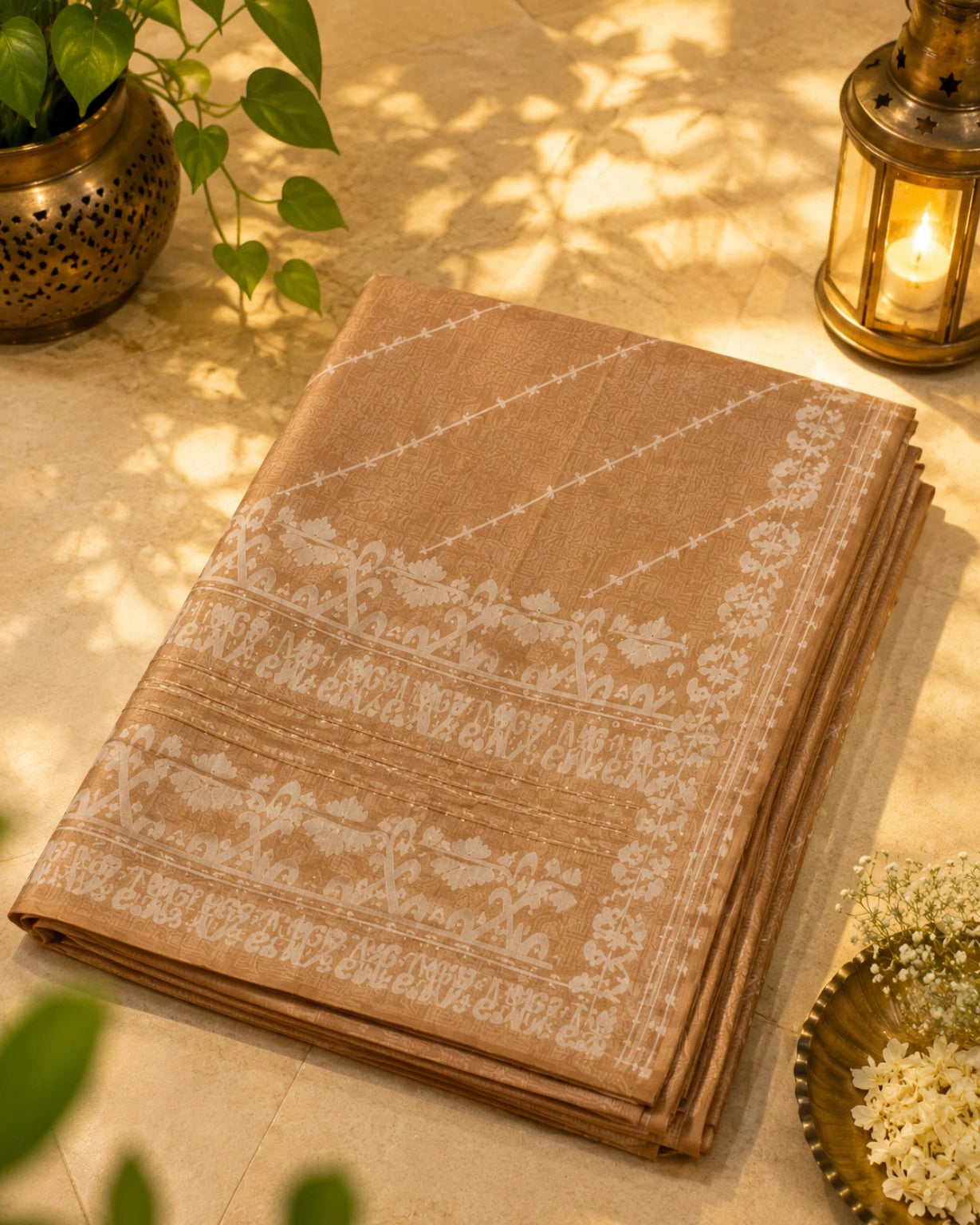 WEVOW Beige Silk Jamdani Saree with White Floral Border and Diagonal Woven Pattern