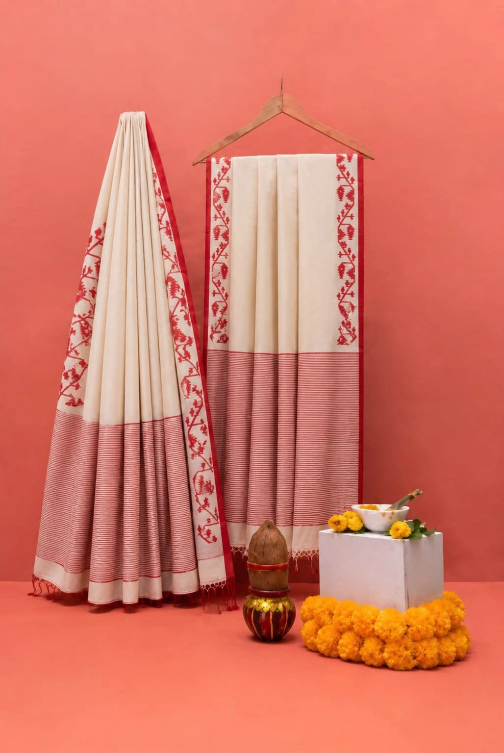 WEVOW Off White Pure Cotton Hand Weaving Jamdani Saree with Red Floral Border