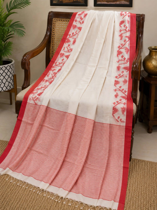 WEVOW Off White Pure Cotton Hand Weaving Jamdani Saree with Red Floral Border