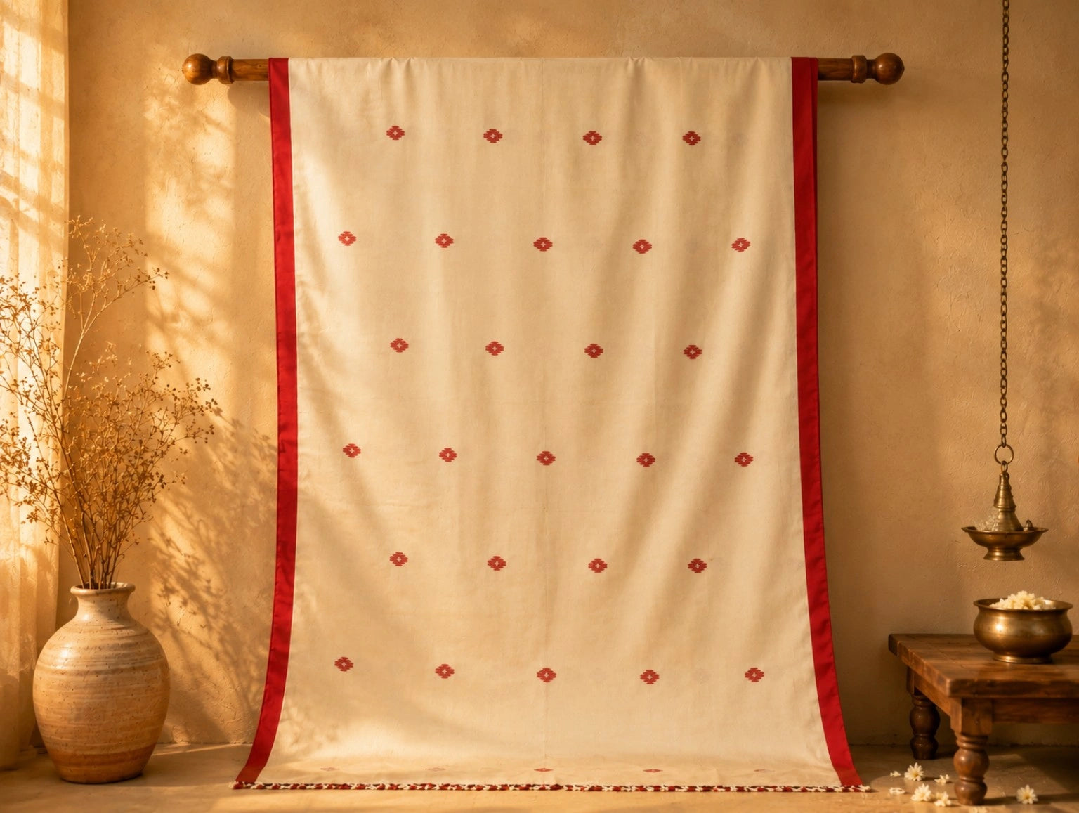 Jamdani Saree with Red Buti Motifs & Traditional Border