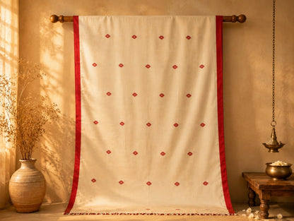Jamdani Saree with Red Buti Motifs & Traditional Border