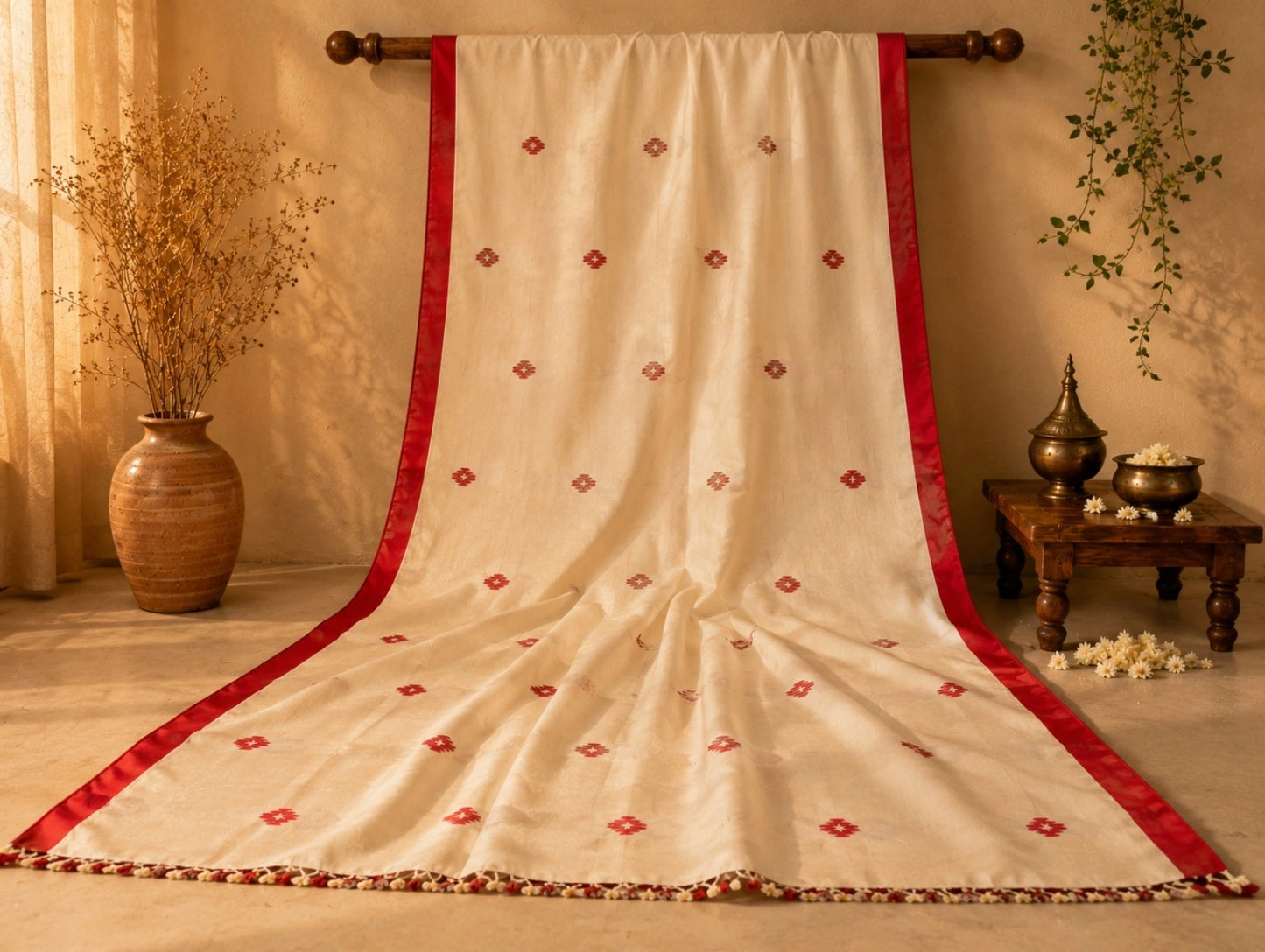 Jamdani Saree with Red Buti Motifs & Traditional Border