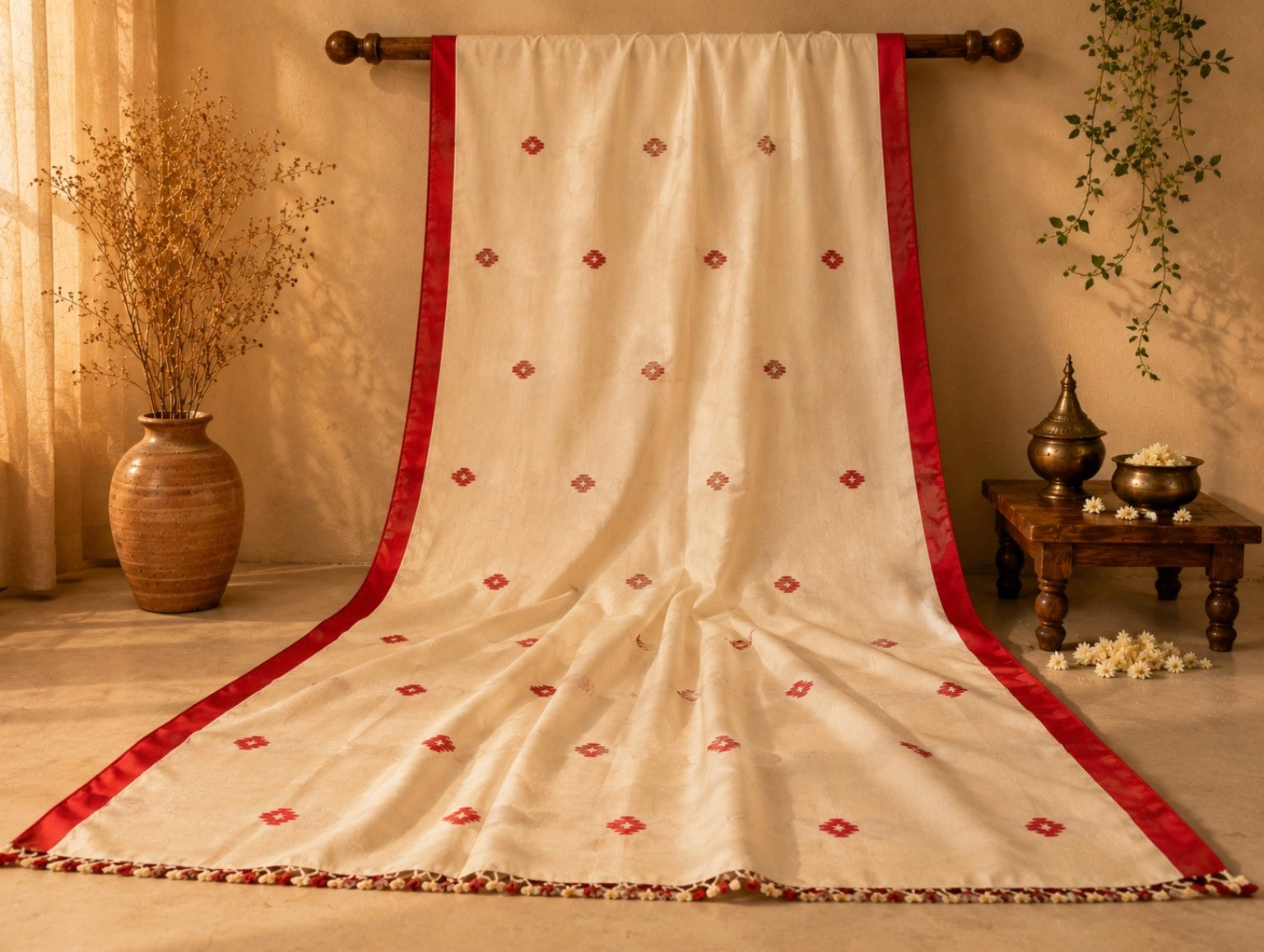 Jamdani Saree with Red Buti Motifs & Traditional Border