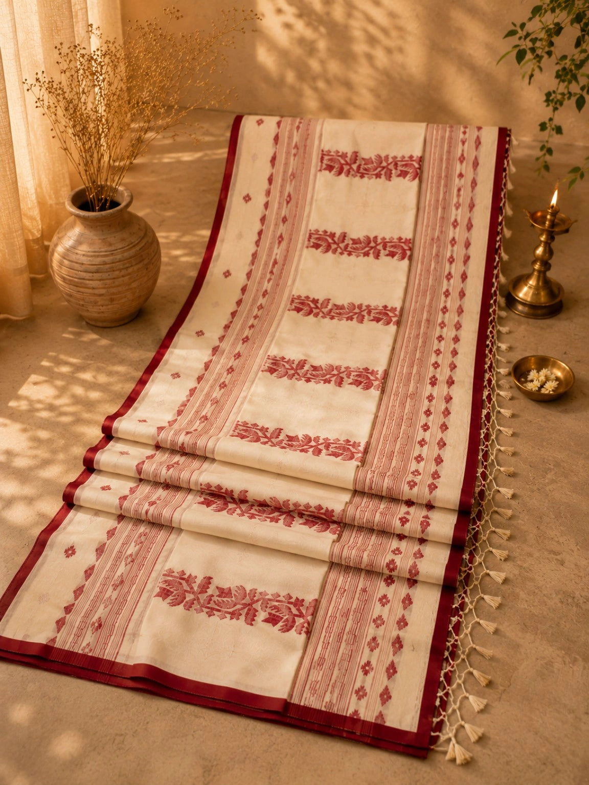 Jamdani Saree with Red Buti Motifs & Traditional Border