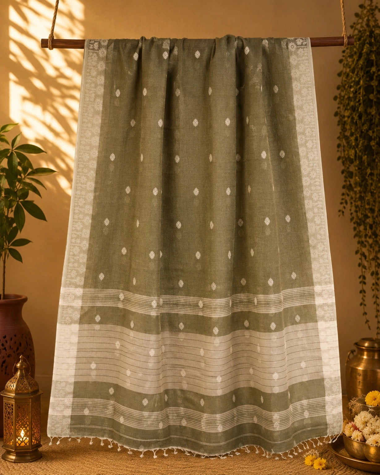 Olive Green Cotton Handloom Saree with White Buti Motifs & Woven Border
