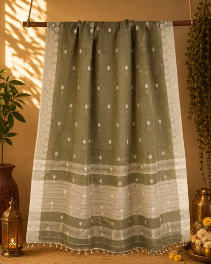 Olive Green Cotton Handloom Saree with White Buti Motifs & Woven Border