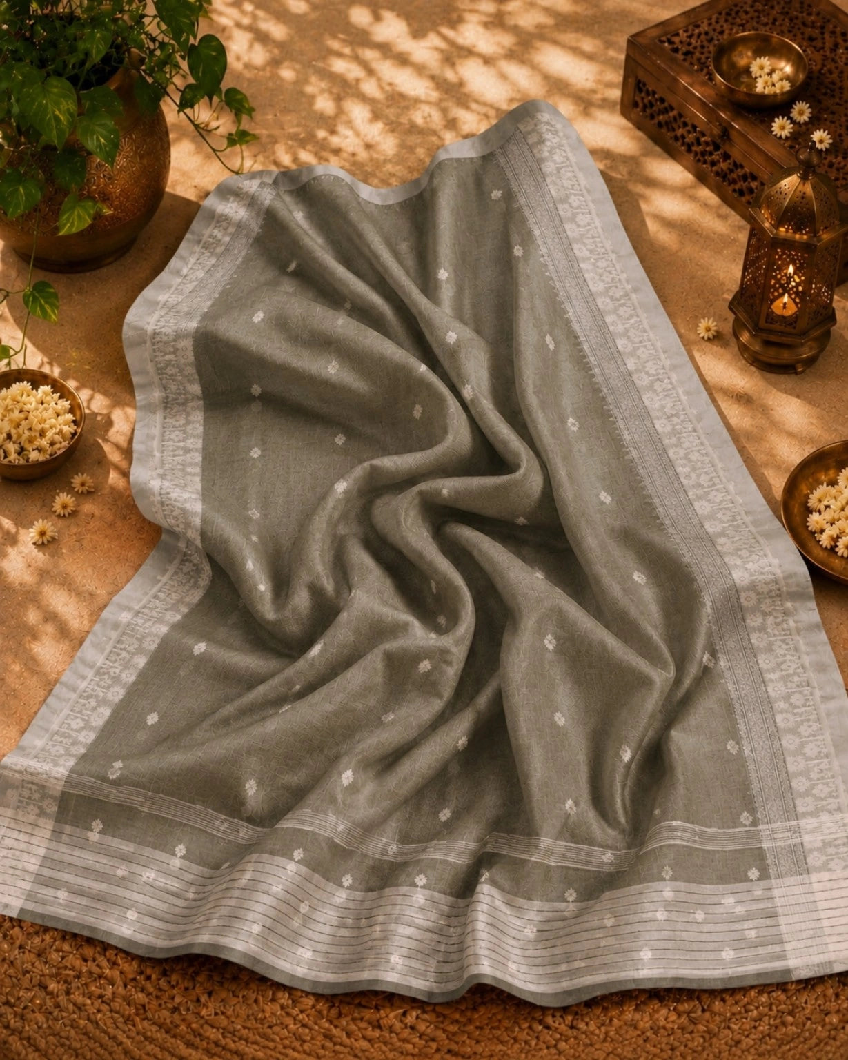 Olive Green Cotton Handloom Saree with White Buti Motifs & Woven Border