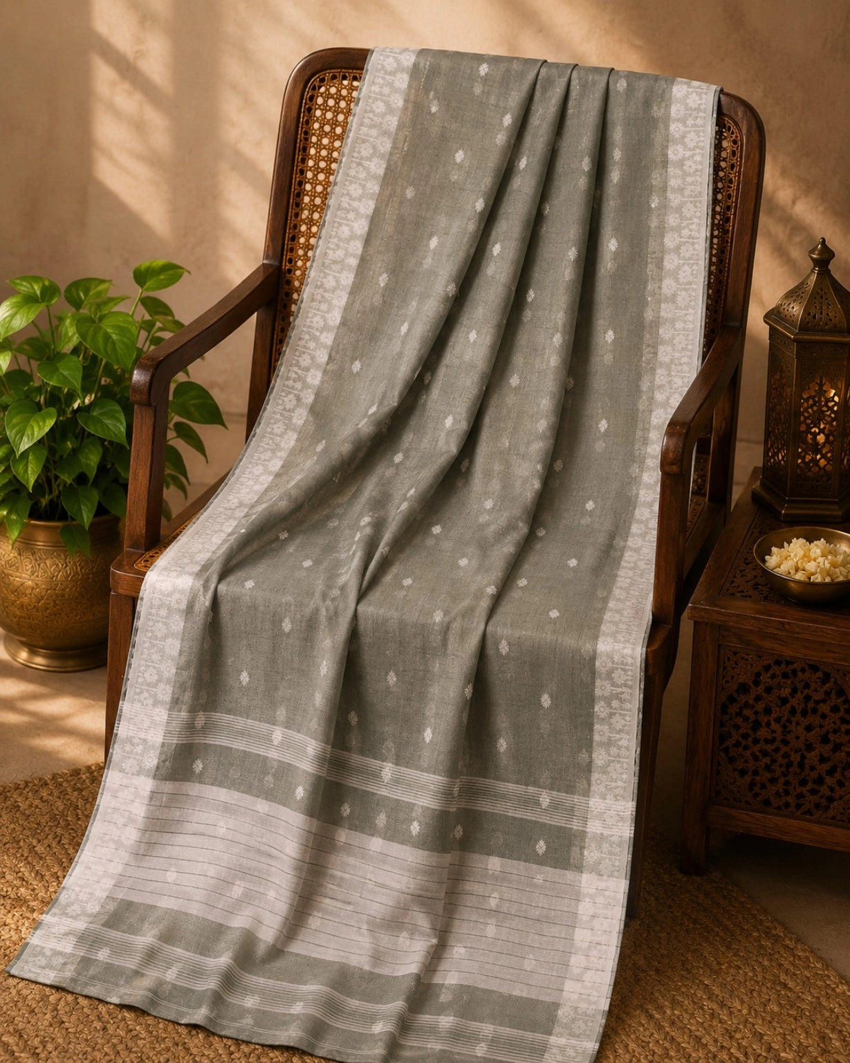 Olive Green Cotton Handloom Saree with White Buti Motifs & Woven Border