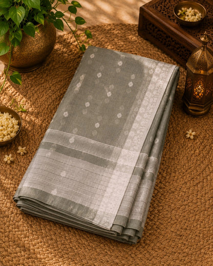 Olive Green Cotton Handloom Saree with White Buti Motifs & Woven Border