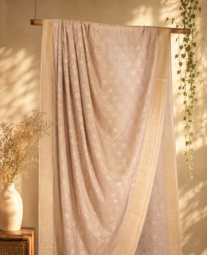 WEVOW Blush Pink Pure Chandari Khaddi Banarasi Saree with Gold Zari Buti & Ornate Woven Pallu