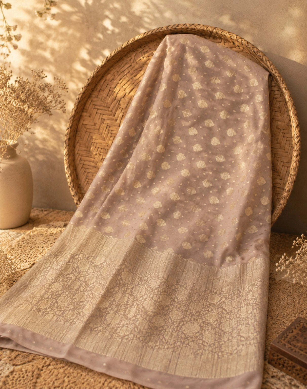 WEVOW Blush Pink Pure Chandari Khaddi Banarasi Saree with Gold Zari Buti & Ornate Woven Pallu