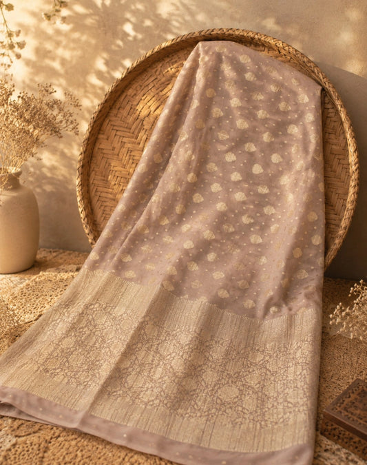 Blush Pink Pure Chandari Khaddi Banarasi Saree with Gold Zari Buti & Ornate Woven Pallu