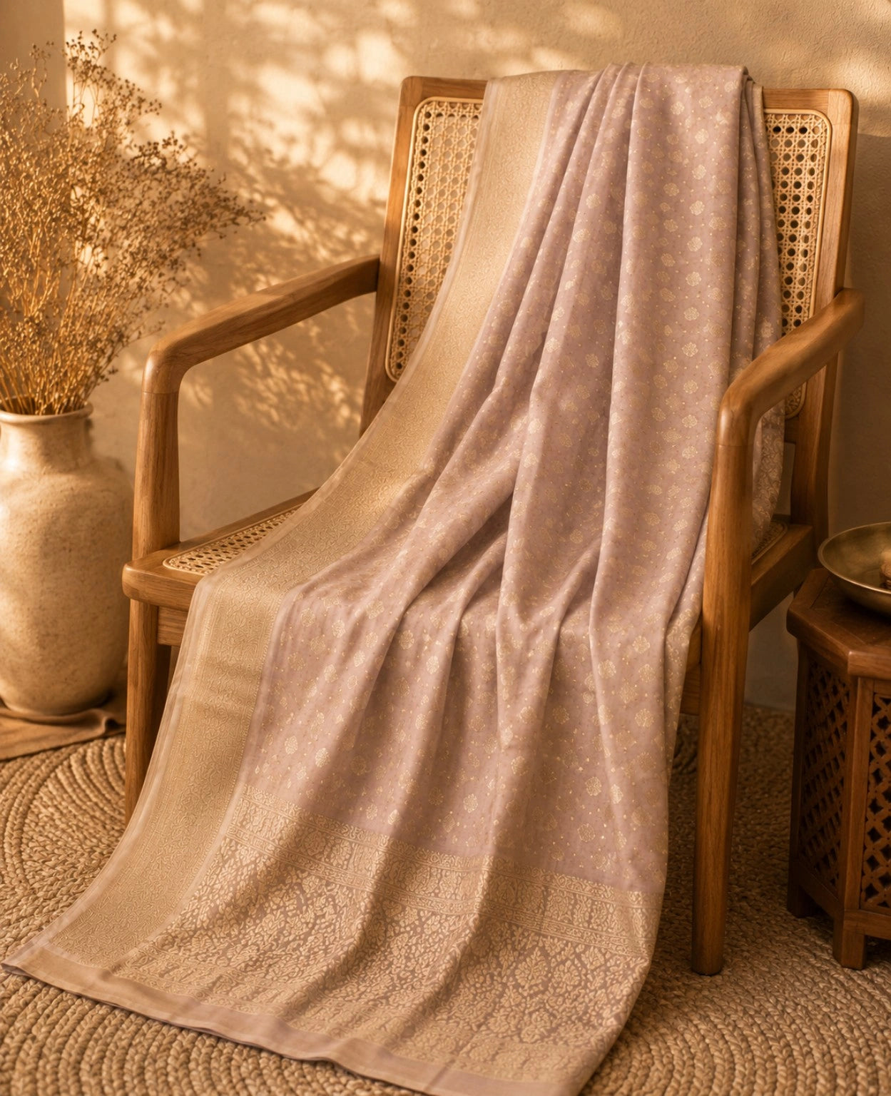 WEVOW Blush Pink Pure Chandari Khaddi Banarasi Saree with Gold Zari Buti & Ornate Woven Pallu