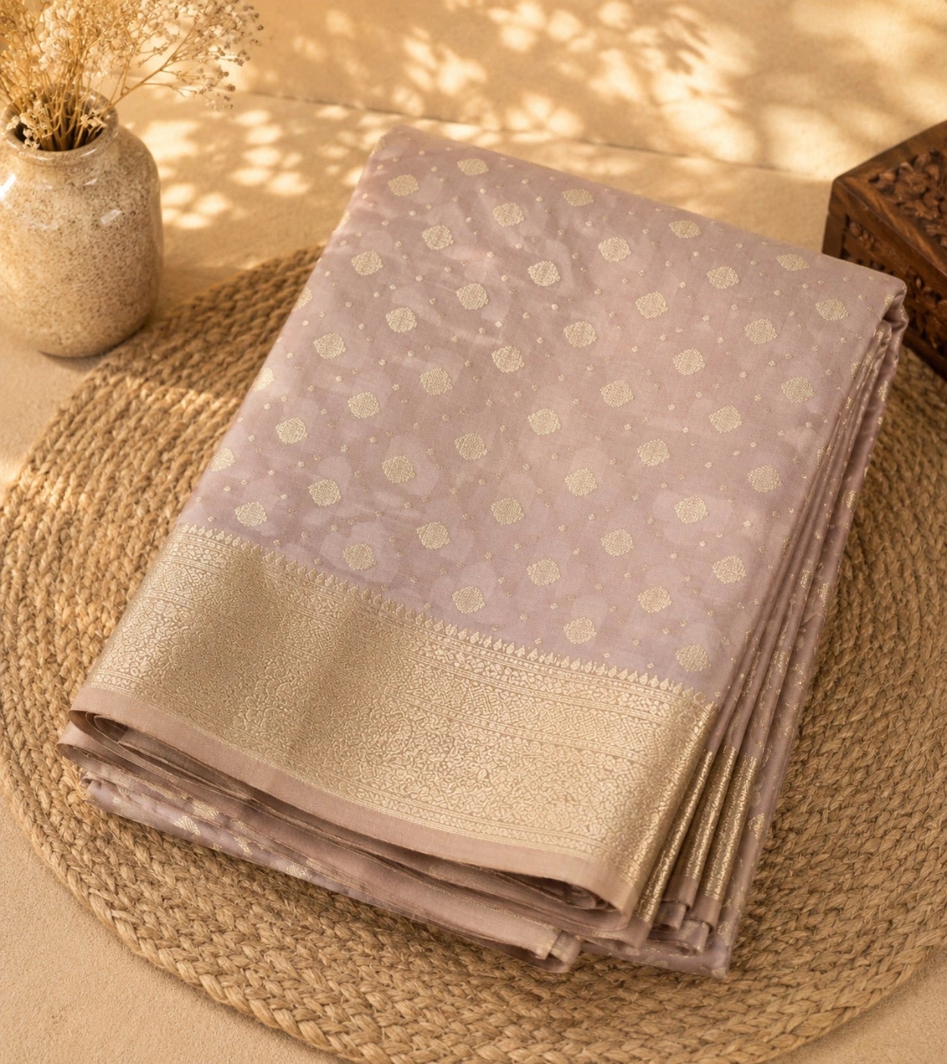 WEVOW Blush Pink Pure Chandari Khaddi Banarasi Saree with Gold Zari Buti & Ornate Woven Pallu