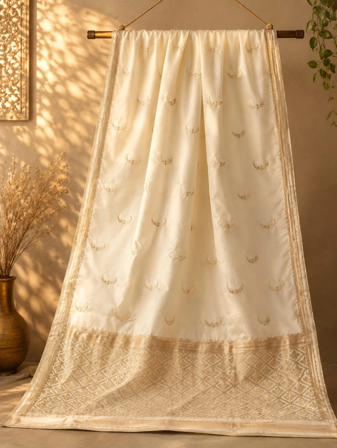 WEVOW Ivory Pure Mashru Silk Banarasi Saree with Woven Buti Motifs & Rich Zari Border
