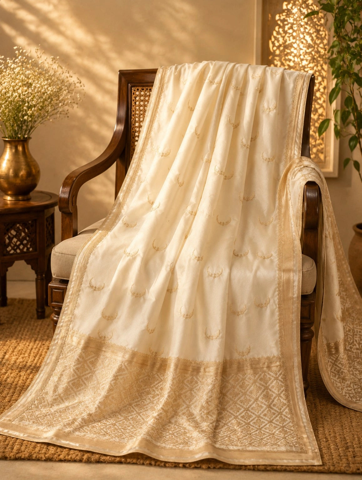 WEVOW Ivory Pure Mashru Silk Banarasi Saree with Woven Buti Motifs & Rich Zari Border