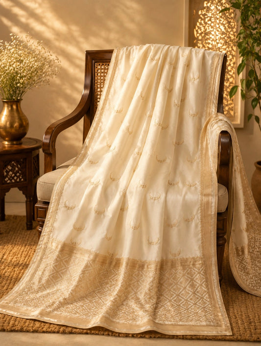 WEVOW Ivory Pure Mashru Silk Banarasi Saree with Woven Buti Motifs & Rich Zari Border