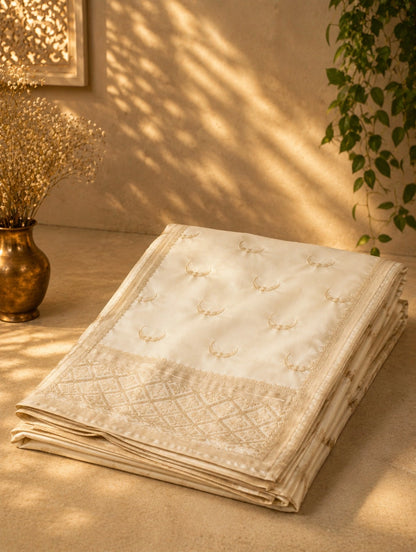 WEVOW Ivory Pure Mashru Silk Banarasi Saree with Woven Buti Motifs & Rich Zari Border