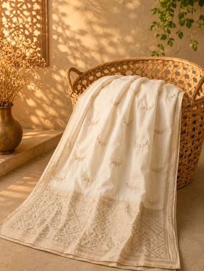 Ivory Pure Mashru Silk Banarasi Saree with Woven Buti Motifs & Rich Zari Border