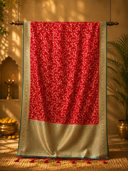 WEVOW Crimson Red Maheshwari Silk Saree with Gold Floral Jaal Weave & Contrast Zari Border
