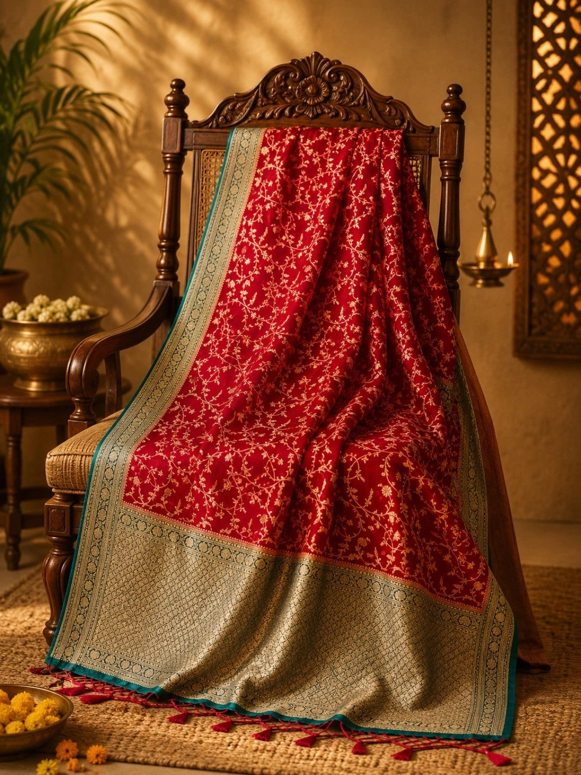 WEVOW Crimson Red Maheshwari Silk Saree with Gold Floral Jaal Weave & Contrast Zari Border