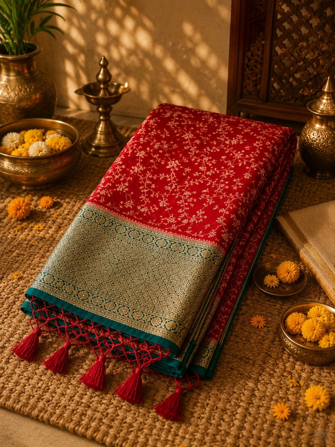 WEVOW Crimson Red Maheshwari Silk Saree with Gold Floral Jaal Weave & Contrast Zari Border