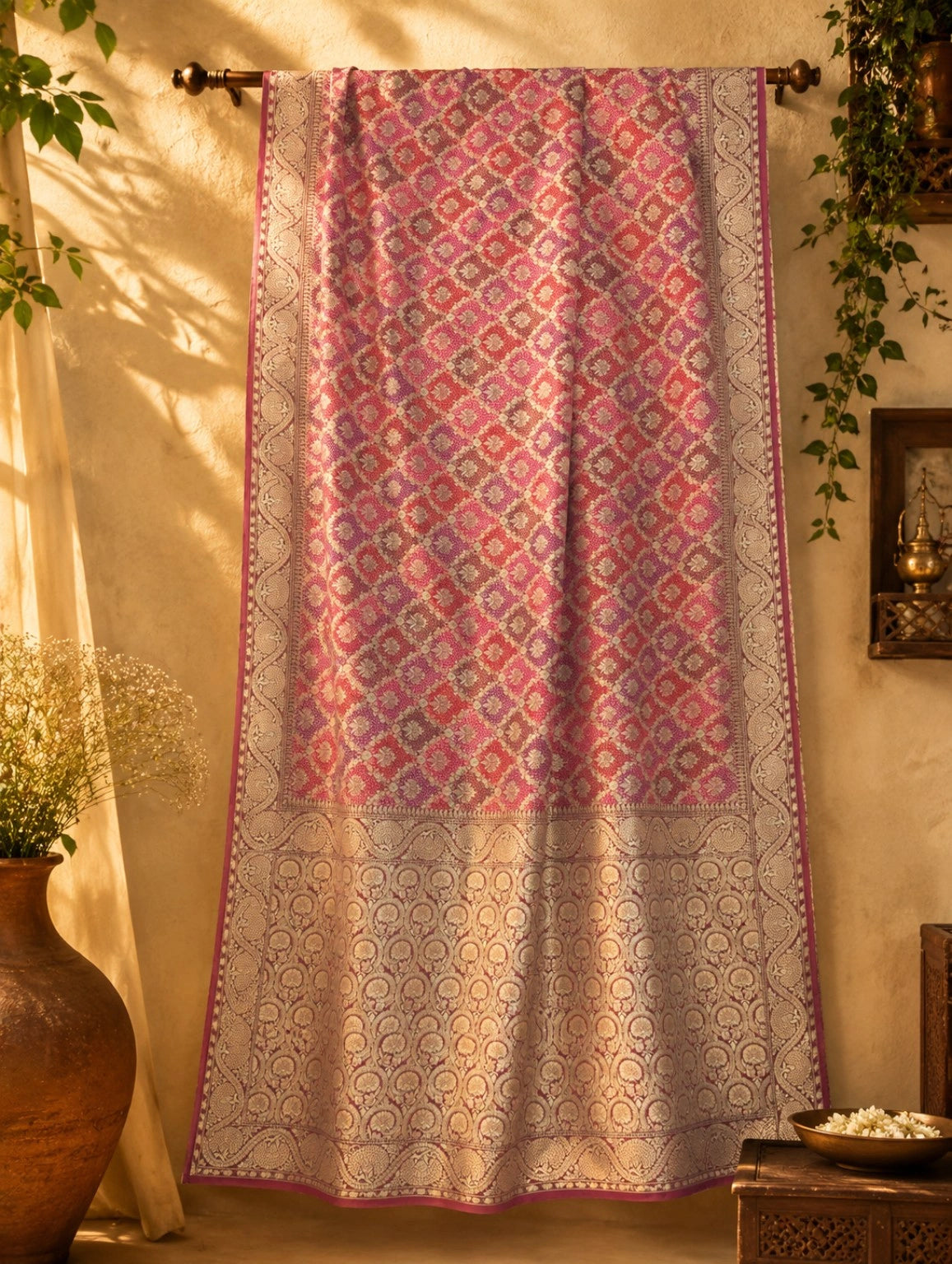 WEVOW GharChola Bandhej Khaddi Saree in Pink Magenta with Traditional Diamond Grid Motifs & Ornate Woven Border