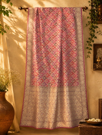 WEVOW GharChola Bandhej Khaddi Saree in Pink Magenta with Traditional Diamond Grid Motifs & Ornate Woven Border