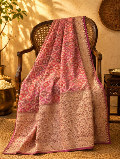 WEVOW GharChola Bandhej Khaddi Saree in Pink Magenta with Traditional Diamond Grid Motifs & Ornate Woven Border