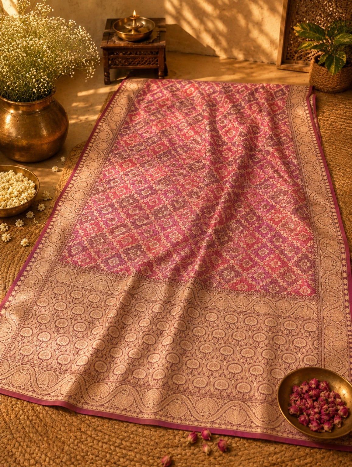 WEVOW GharChola Bandhej Khaddi Saree in Pink Magenta with Traditional Diamond Grid Motifs & Ornate Woven Border