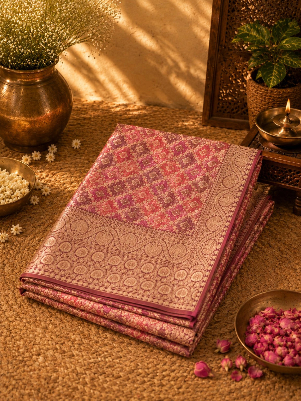 WEVOW GharChola Bandhej Khaddi Saree in Pink Magenta with Traditional Diamond Grid Motifs & Ornate Woven Border