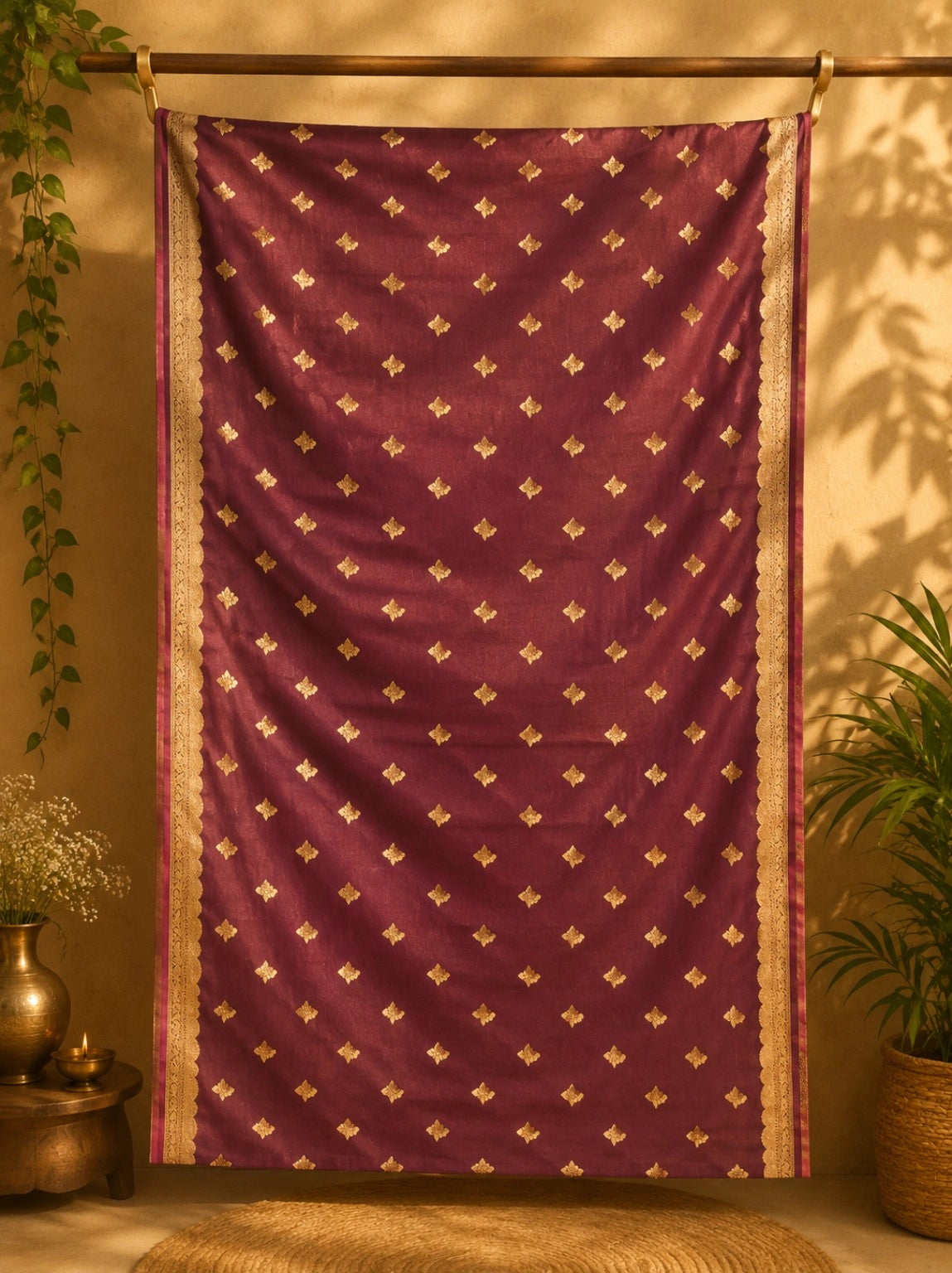 WEVOW Pure Katan Banarasi Saree in Deep Wine Maroon with Gold Buti Weaving & Traditional Border