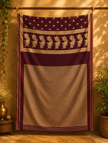 WEVOW Pure Katan Banarasi Saree in Deep Wine Maroon with Gold Buti Weaving & Traditional Border