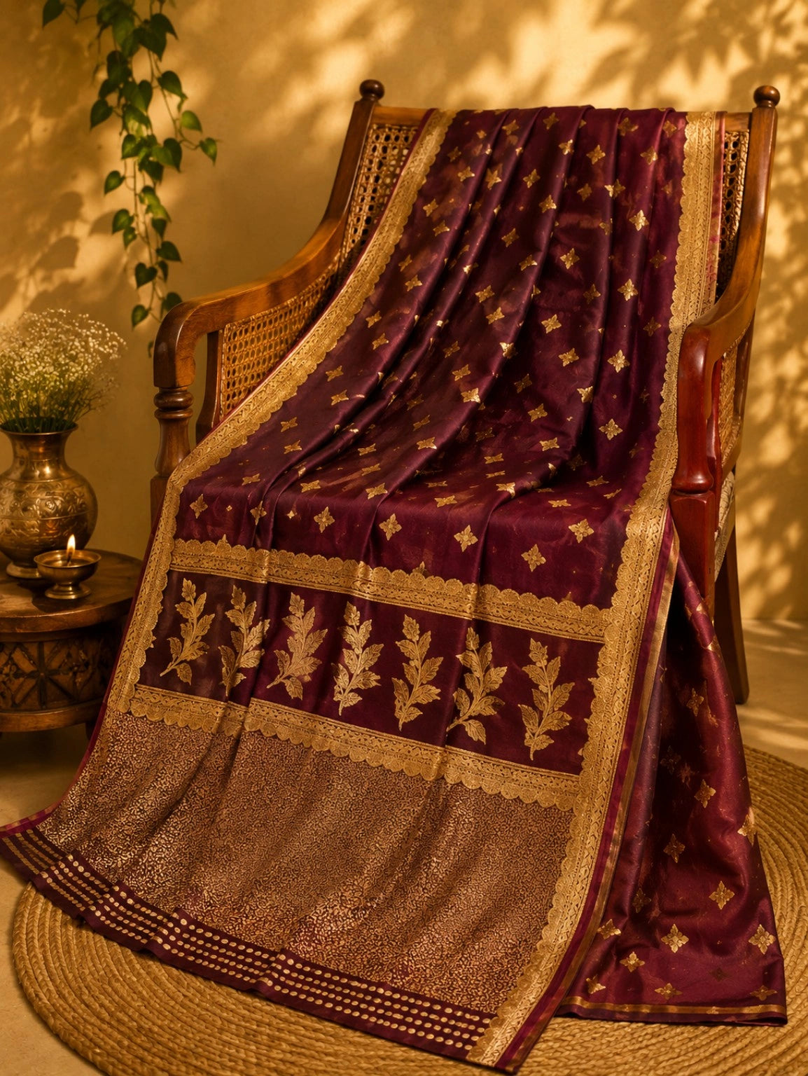 WEVOW Pure Katan Banarasi Saree in Deep Wine Maroon with Gold Buti Weaving & Traditional Border