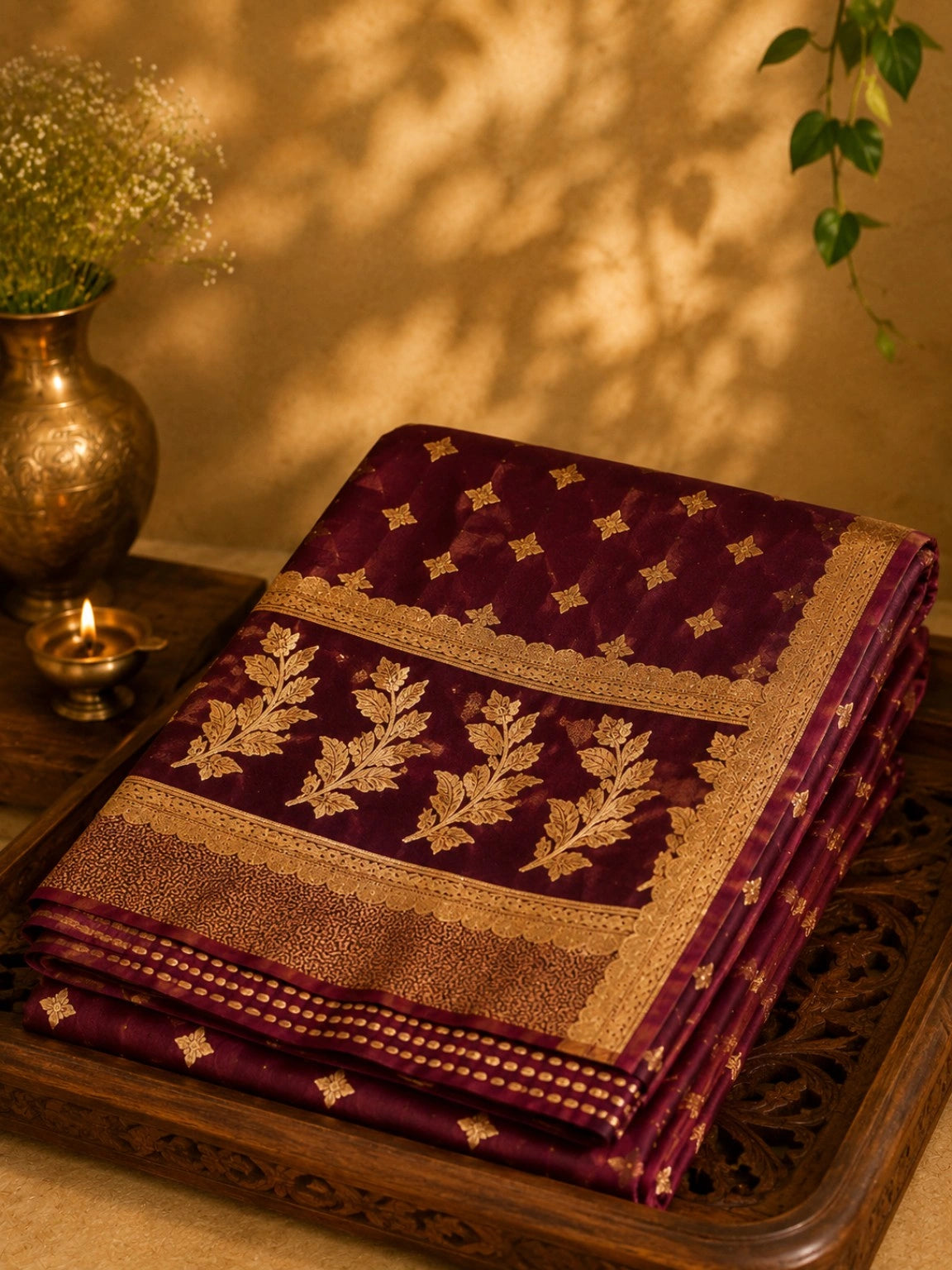 WEVOW Pure Katan Banarasi Saree in Deep Wine Maroon with Gold Buti Weaving & Traditional Border