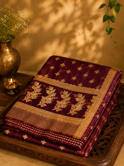 WEVOW Pure Katan Banarasi Saree in Deep Wine Maroon with Gold Buti Weaving & Traditional Border