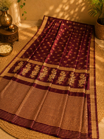 WEVOW Pure Katan Banarasi Saree in Deep Wine Maroon with Gold Buti Weaving & Traditional Border