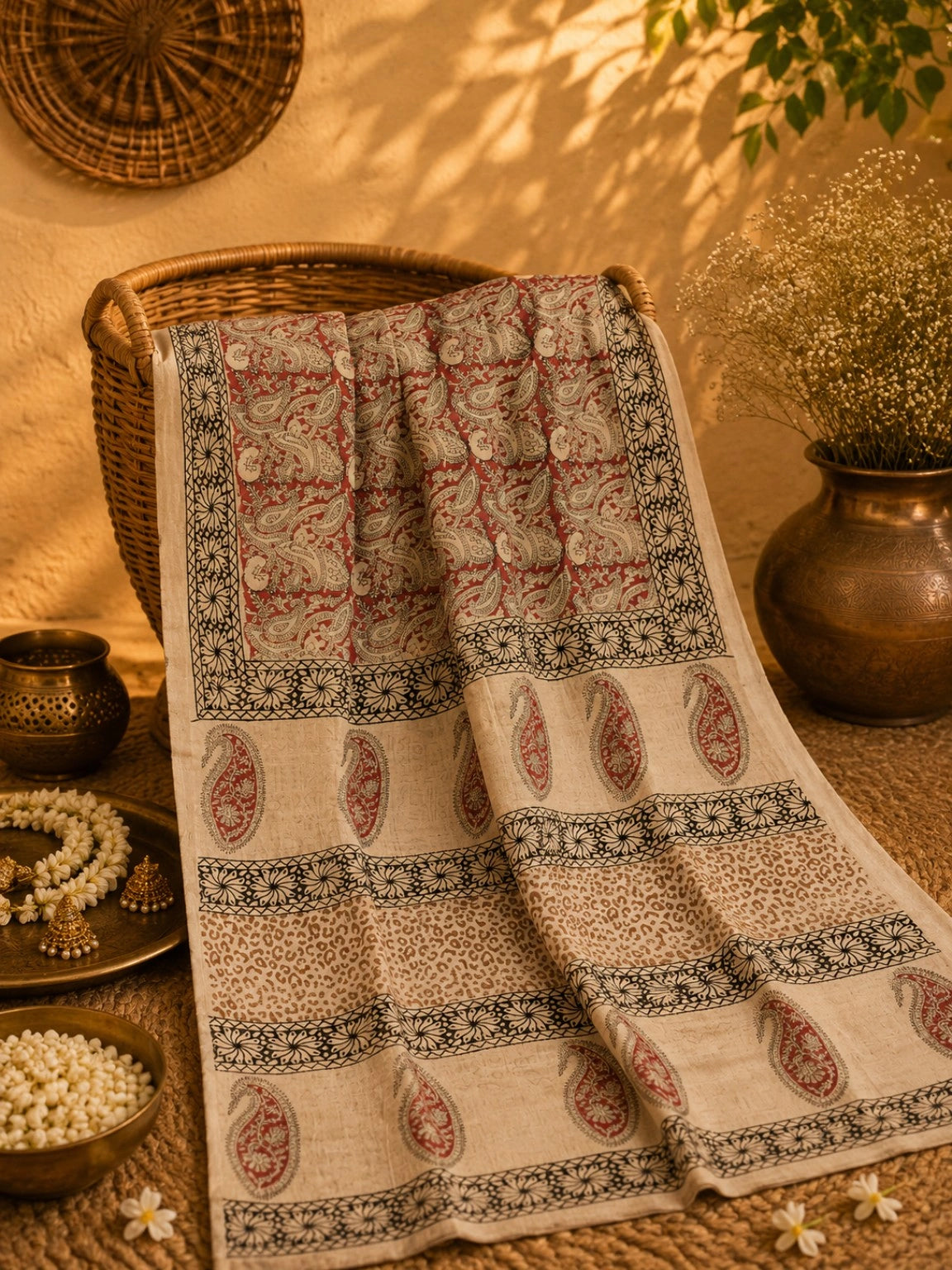 Linen Kalamkari Saree with Traditional Artistic Print & Elegant Drape