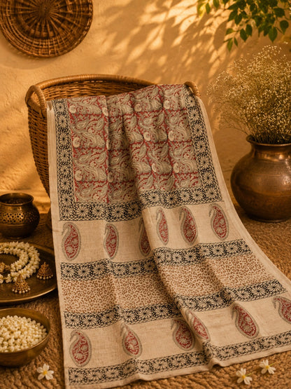 Linen Kalamkari Saree with Traditional Artistic Print & Elegant Drape