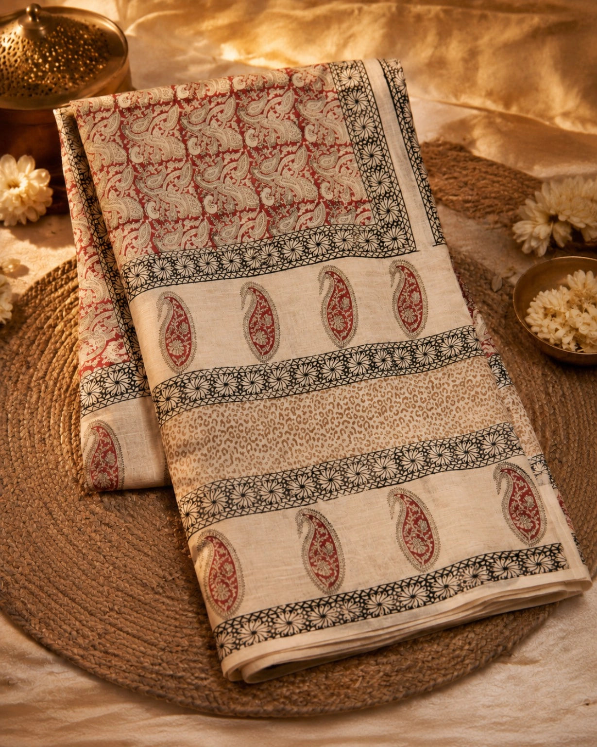 Linen Kalamkari Saree with Traditional Artistic Print & Elegant Drape