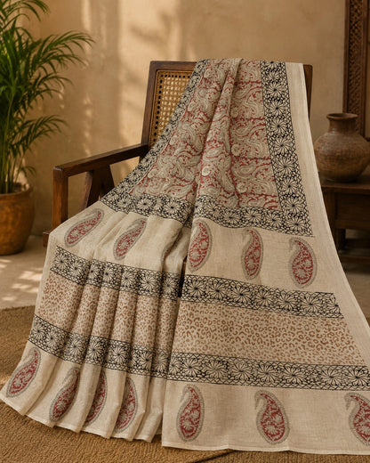 Linen Kalamkari Saree with Traditional Artistic Print & Elegant Drape