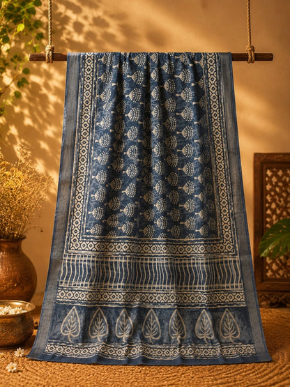 Indigo Blue Linen Hand Block Print Saree with Floral Buta Motifs and Leaf Border