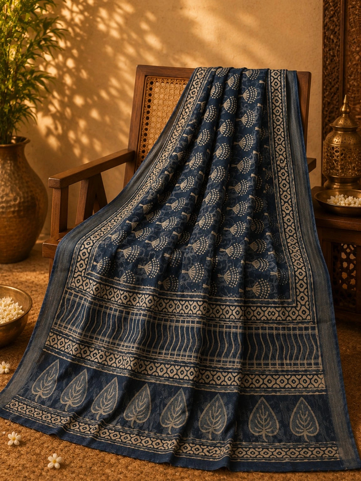 Indigo Blue Linen Hand Block Print Saree with Floral Buta Motifs and Leaf Border