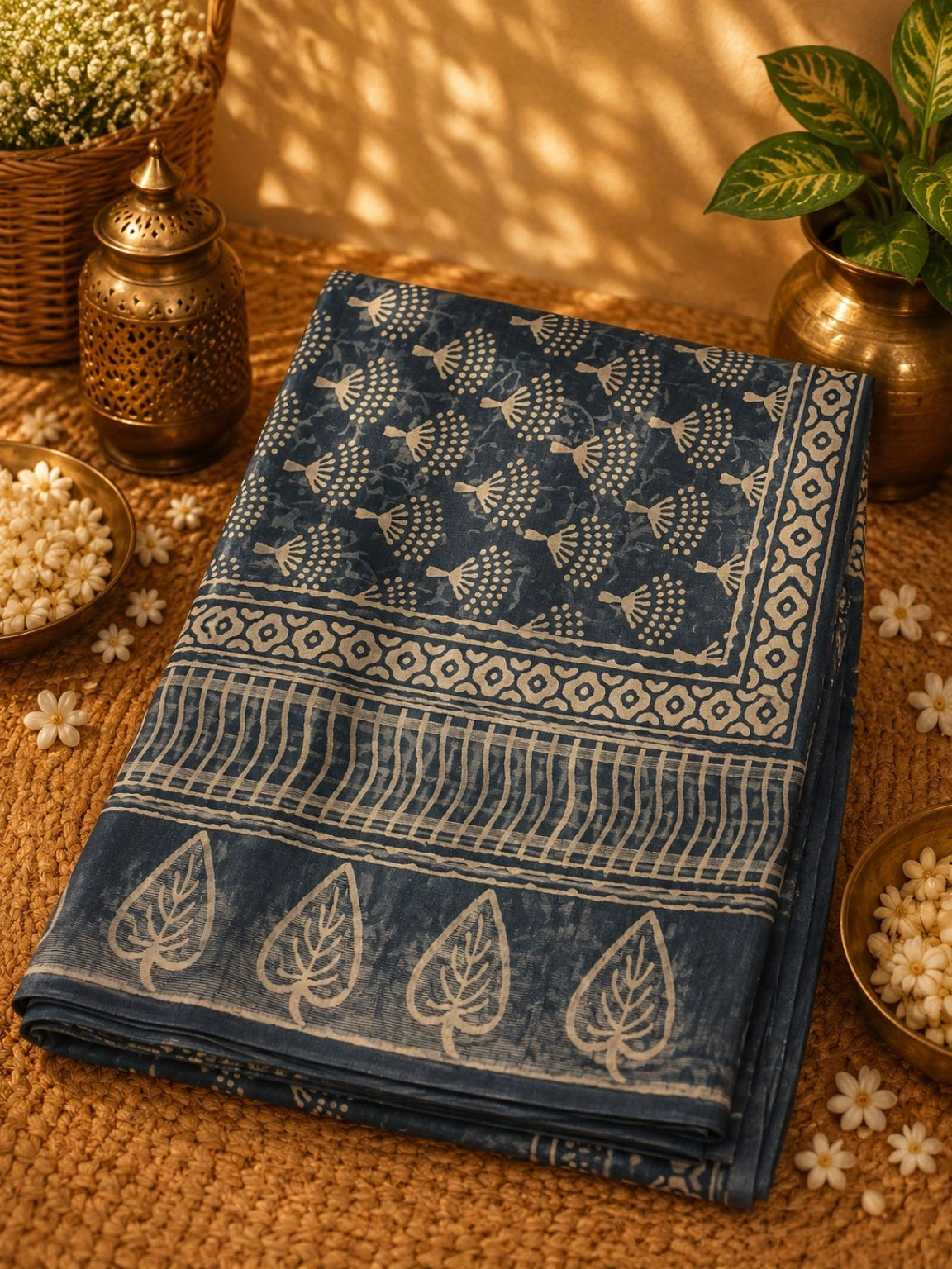 Indigo Blue Linen Hand Block Print Saree with Floral Buta Motifs and Leaf Border