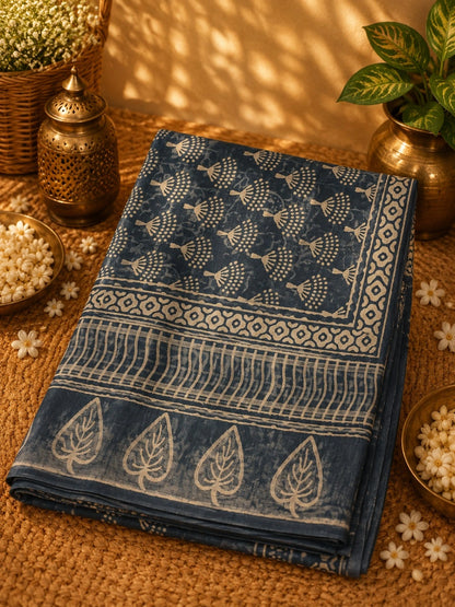 Indigo Blue Linen Hand Block Print Saree with Floral Buta Motifs and Leaf Border