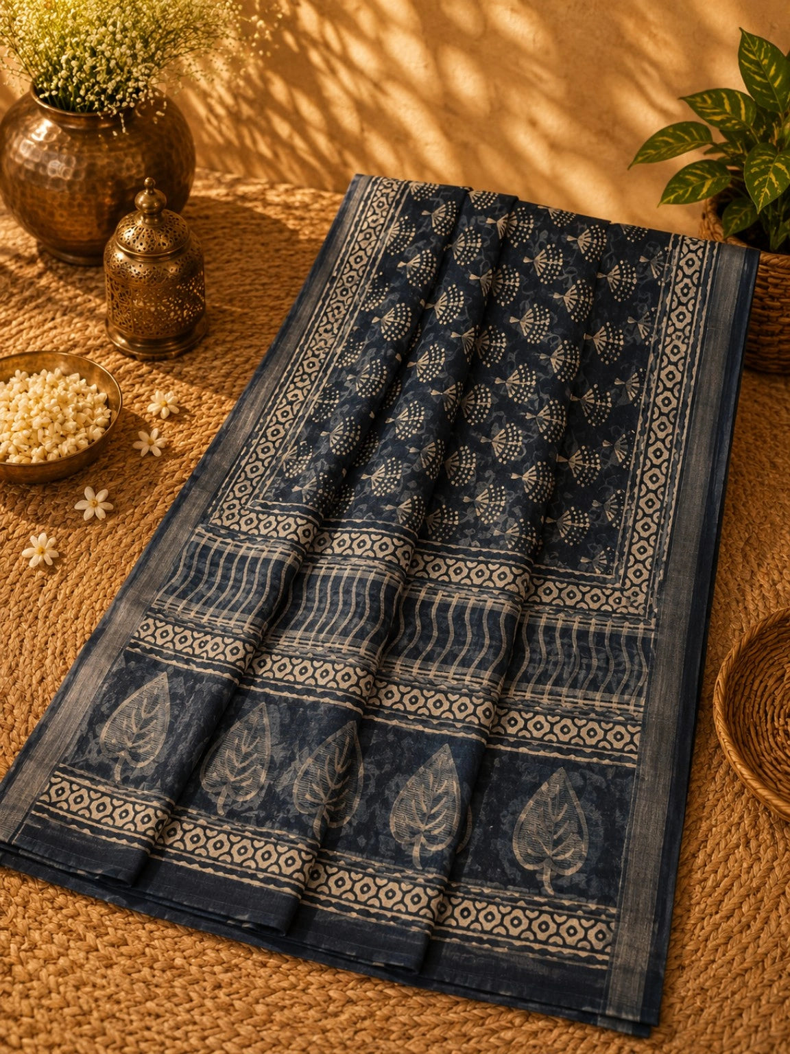 Indigo Blue Linen Hand Block Print Saree with Floral Buta Motifs and Leaf Border